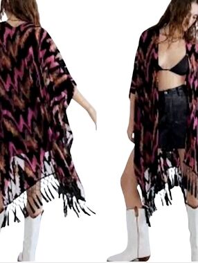 Free People Dripping Velvet,  Burnout Kimono, Pink Black One Size, Nwot New Item